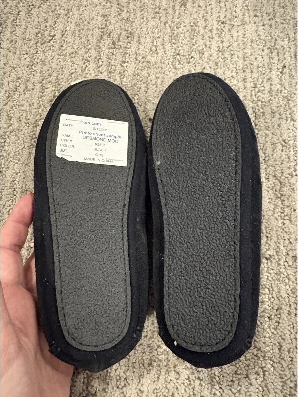 Polo Ralph Lauren Slippers Shoes Kids Size 13 Black Moccasin Fleece Pony Logo